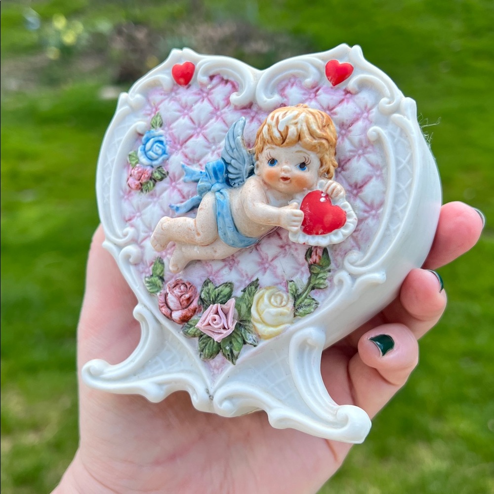 Vintage Relpo Bisque Porcelain Cupid & Quilted Heart Valentine Vase Planter